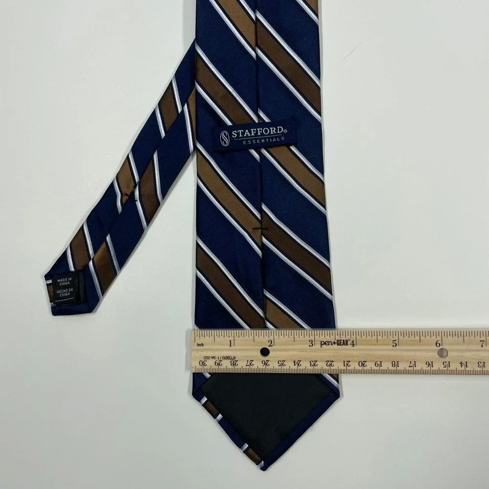Stafford Navy Blue Brown Striped Silk Cotton Blend Necktie Mens One Size